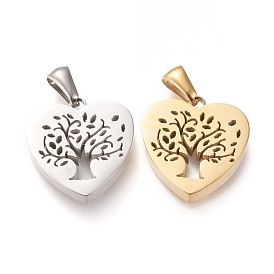 304 Stainless Steel Pendants, Manual Polishing, Heart with Tree of Life