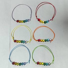 6Pcs Glass Beads Bracelets, with Waxed Polyester Cord
