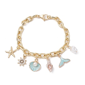 Summer Beach Starfish & Shell Shaped Alloy Enamel & ABS Plastic Imitation Pearl Charm Bracelets, Ocean Theme Brass Cable Bracelets for Women