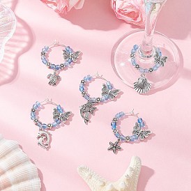 5 шт. подвески для бокалов из сплава морских животных, со стеклянными бусинами и латунными кольцами-подвесками в виде бокалов для вина