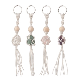 Cotton Thread Macrame Pouch Gemstone Tassel Keychain, with Wood Bead and 304 Stainless Steel Split Key Rings