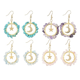 4 Pair 4 Style Natural & Synthetic Mixed Stone Chips Dangle Earrings, Brass Star & Moon Drop Earrings for Women