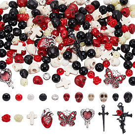 Наборы для изготовления эластичных браслетов в готическом стиле своими руками, в том числе синтетические бирюзовые бусины, Бусины из cмолы, Акриловые бусины, Стеклянные бусины, бусины из натуральной лавы, Латунные бусины со стразами , Подвески из сплава 