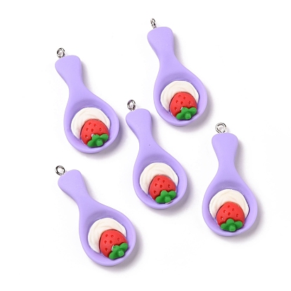 Opaque Resin Pendants, with Platinum Tone Iron Loops, Imitation Food, Spoon with Strawberry