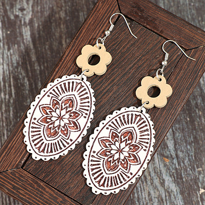 Bohemian Printed Wood & Zinc Alloy Dangle Earrings, Oval & Flower