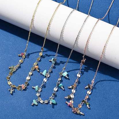 Ожерелья из латунных цепочек «роло» и плоских пайеток для женщин, с 304 карабином из нержавеющей стали и натуральным смешанным драгоценным камнем, стойки покрытие, без свинца и без кадмия, долговечный