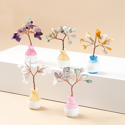 Natural Gemstone Chips Tree of Life Decorations, Mini Ceramic Random Color Vase with Copper Wire Feng Shui Energy Stone Gift for Women Men Meditation