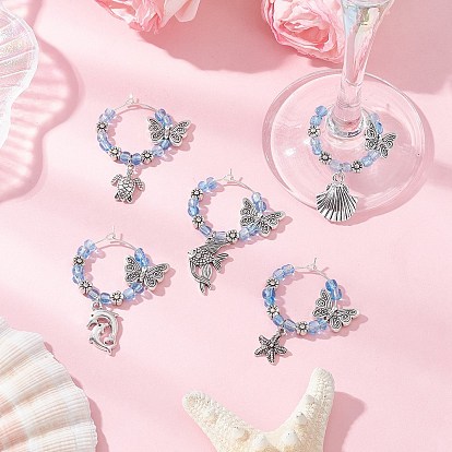 5 шт. подвески для бокалов из сплава морских животных, со стеклянными бусинами и латунными кольцами-подвесками в виде бокалов для вина