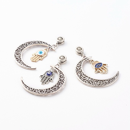 Tibetan Style Alloy European Dangle Charms, Large Hole Pendants, with Hollow Moon Tube Bails & Hamsa Hand