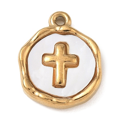 304 Stainless Steel with Shell Charms, Irregular Round with Cross Charms