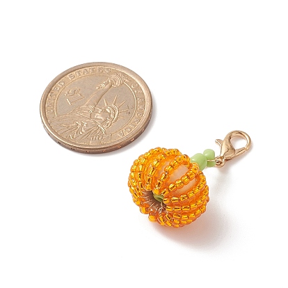 Glass Seed Beads Pendant Decorations, with Wood Beads and Zinc Alloy Lobster Claw Clasps, Pumpkin