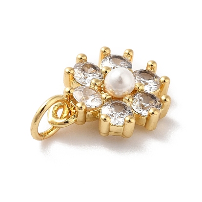 Rack Plating Brass Micro Pave Cubic Zirconia Charms, with Pearl, Cadmium Free & Lead Free, Real 18K Gold Plated, Flower