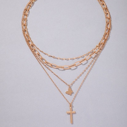 Collier multicouche avec pendentif croix papillon pour femme, chaîne de cou superposée simple et à la mode avec quatre couches
