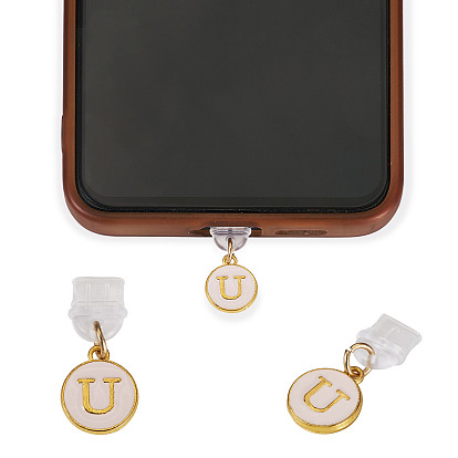 ПВХ мобильных пылезащитные пробки, с эмалевым сплавом, плоский круглый с подвесками в виде букв, белые, золотые