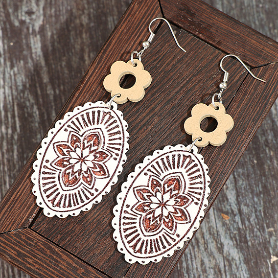 Bohemian Printed Wood & Zinc Alloy Dangle Earrings, Oval & Flower