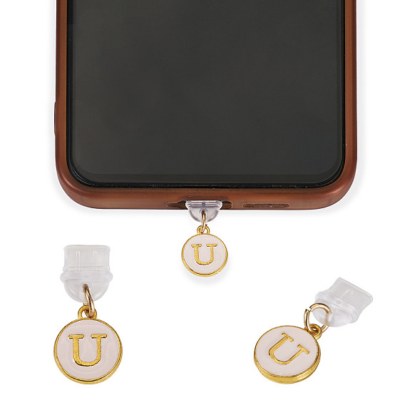 ПВХ мобильных пылезащитные пробки, с эмалевым сплавом, плоский круглый с подвесками в виде букв, белые, золотые