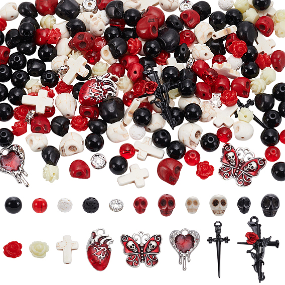 Наборы для изготовления эластичных браслетов в готическом стиле своими руками, в том числе синтетические бирюзовые бусины, Бусины из cмолы, Акриловые бусины, Стеклянные бусины, бусины из натуральной лавы, Латунные бусины со стразами , Подвески из сплава 