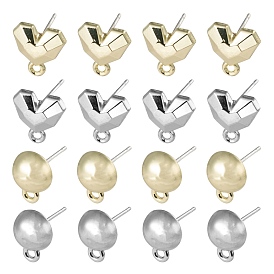 16Pcs 4 Style Spray Painted Alloy Stud Earrings Findings, with 925 Sterling Silver Pins and Loops, Half Round & Heart