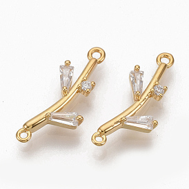 Brass Clear Cubic Zirconia Links, Nickel Free, Branch, Real 18K Gold Plated