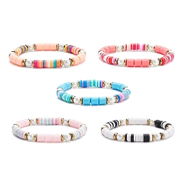 Synthetic Hematite & Polymer Clay Heishi Beads Stretch Bracelet, Glass Pearl Beads Bracelet for Women