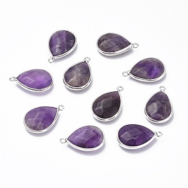 Natural Amethyst Pendants, with Platinum Plated Brass Edge & Loops, Teardrop, Faceted