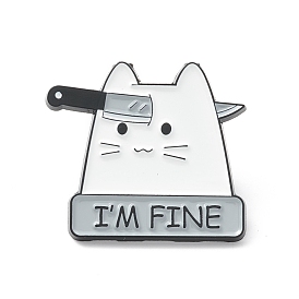 Word I'm Fine Brooch, Cat with Knife Lapel Pin for Backpack Clothes, Electrophoresis Black