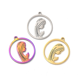 Ion Plating(IP) 304 Stainless Steel Pendants, Flat Round with Girl Charm