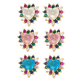 Colorful Zircon Heart Stud Earrings for Women, Unique Design Fashion Jewelry