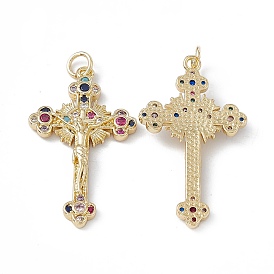 Brass Colorful Cubic Zirconia Pendants, with Jump Ring, Cross with Jesus Charms