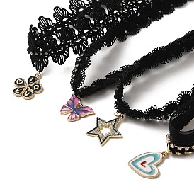 Polyester Lace Choker Necklaces, with Alloy Enamel Pendant
