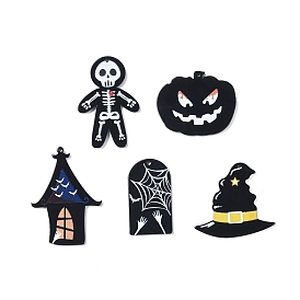 Halloween Opaque Printed Acrylic Pendants, Skull/Pumpkin/House/Spider/Hat Charm