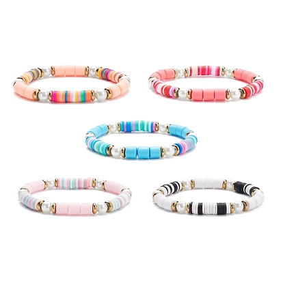 Synthetic Hematite & Polymer Clay Heishi Beads Stretch Bracelet, Glass Pearl Beads Bracelet for Women
