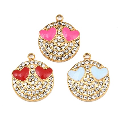 304 Stainless Steel Rhinestone Pendants, Flat Round with Face Charms, with Enamel, Ion Plating(IP), Real 18K Gold Plated