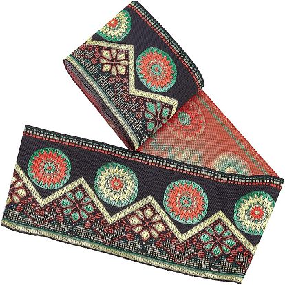 Кружевная лента из полиэстера в этническом стиле, плоский, черный, светло-зеленый, светло-желтый и оранжевый узор