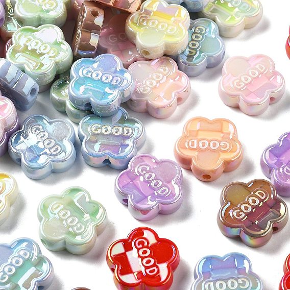 Непрозрачные акриловые бусины с УФ-покрытием, радужный, цветок со словом хорошо