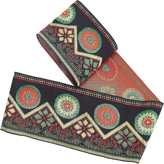 Кружевная лента из полиэстера в этническом стиле, плоский, черный, светло-зеленый, светло-желтый и оранжевый узор