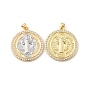 Rack Plating Brass Micro Pave Cubic Zirconia Pendants, Cadmium Free & Lead Free, Long-Lasting Plated, Flat Round with Saint Benedict Charm, Religion Theme