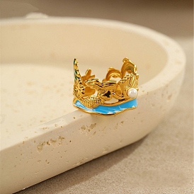 304 открытые манжеты из нержавеющей стали, русалка, с эмалью и искусственным жемчугом из АБС для женщин, без кадмия, без никеля и без свинца, ионное покрытие (ip)