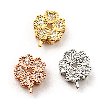 Rack Plating Eco-Friendly Brass Micro Pave Cubic Zirconia Slider Charms, Lead Free & Cadmium Free, Clover