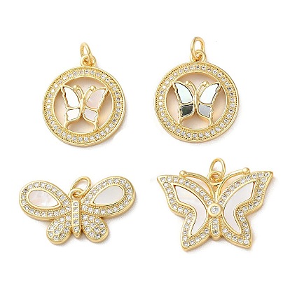 Brass Micro Pave Clear Cubic Zirconia Pendants, Cadmium Free & Lead Free, with Shell and Jump Ring, Real 18K Gold Plated