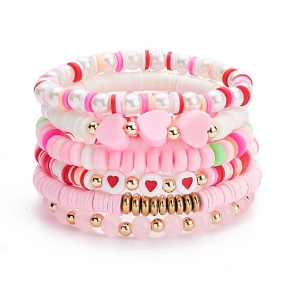 Handmade Polymer Clay Heishi Beads Stretch Bracelets Set, Transparent Glass Round Beads Bracelets, Heart Acrylic Beads Bracelets for Women