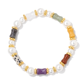 Bamboo Natural Mixed Gemstone Bead Stretch Bracelets, Imitation Pearl Bracelets for Women