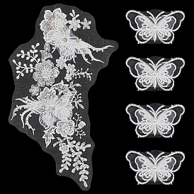 4Pcs Cotton Lace Clothing Patches, Butterfly, with 1Pc Net Fabric Clothing Patches, Flower