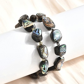 Abalone Shell Beads Stretch Bracelets, with Brass Spacer Beads, Rack Plating, Long-Lasting Plated