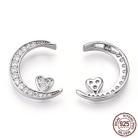 925 Sterling Silver Micro Pave Cubic Zirconia Pendants, Moon with Heart Charms, Nickel Free