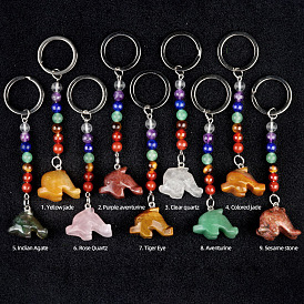 Gemstone Keychain, with Quartz Crystal, Amethyst, Lapis, Aventurine, Red Agate, Red Jasper, Cat