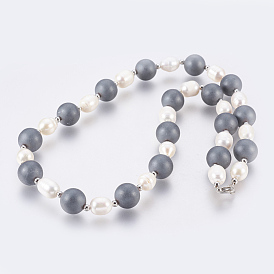 Beaded Necklaces, with Frosted Grade AA Non-magnetic Synthetic Hematite, Shell Beads and Natural Pearl Beads