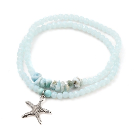 Stretch Bracelets Sets, Stackable Bracelets, with Starfish Alloy Pendants, Rondelle Glass Beads, Natural Larimar & Turquoise(Dyed) Beads, Antique Silver