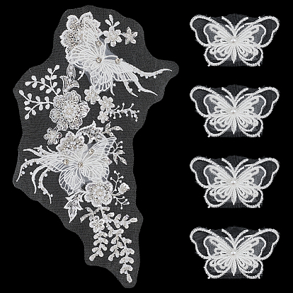 4Pcs Cotton Lace Clothing Patches, Butterfly, with 1Pc Net Fabric Clothing Patches, Flower