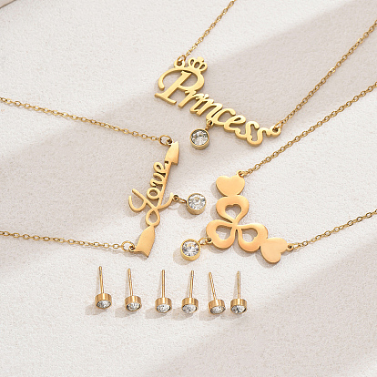 Модные комплекты из серег-гвоздиков из нержавеющей стали и ожерелий с подвесками в виде клевера для женщин